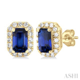 5x3 MM Octagonal Shape Sapphire and 1/8 Ctw Single Cut Diamond Halo Precious Stud Earrings in 14K Yellow Gold