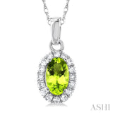5x3 MM Oval Shape Peridot and 1/20 Ctw Single Cut Diamond Halo Semi-Precious Pendant with Chain in 10K White Gold