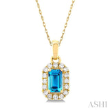 5x3 MM Octagonal Shape Blue Topaz and 1/20 Ctw Single Cut Diamond Halo Semi-Precious Pendant with Chain in 14K Yellow Gold