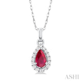 5x3 MM Pear Shape Ruby and 1/20 Ctw Single Cut Diamond Halo Precious Pendant with Chain in 14K White Gold