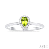5x3 MM Pear Shape Peridot and 1/20 Ctw Single Cut Diamond Halo Semi-Precious Ring in 14K White Gold