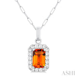 6x4 MM Octagonal Shape Citrine and 1/6 Ctw Round Cut Diamond Halo Semi-Precious Pendant with Chain in 14K White Gold
