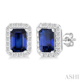 6x4 MM Octagonal Shape Sapphire and 1/4 Ctw Round Cut Diamond Halo Precious Stud Earrings in 10K White Gold