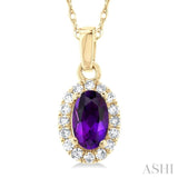5x3 MM Oval Shape Amethyst and 1/20 Ctw Single Cut Diamond Halo Semi-Precious Pendant with Chain in 10K Yellow Gold
