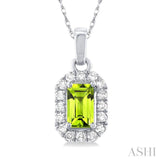 5x3 MM Octagonal Shape Peridot and 1/20 Ctw Single Cut Diamond Halo Semi-Precious Pendant with Chain in 14K White Gold