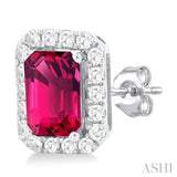 6x4 MM Octagonal Shape Pink Tourmaline and 1/4 Ctw Round Cut Diamond Halo Semi-Precious Stud Earrings in 10K White Gold