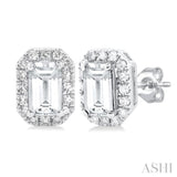 5x3 MM Octagonal Shape White Topaz and 1/8 Ctw Single Cut Diamond Halo Semi-Precious Stud Earrings in 14K White Gold