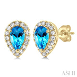 5x3 MM Pear Shape Blue Topaz and 1/8 Ctw Single Cut Diamond Halo Semi-Precious Stud Earrings in 14K Yellow Gold