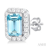 6x4 MM Octagonal Shape Aquamarine and 1/4 Ctw Round Cut Diamond Halo Semi-Precious Stud Earrings in 10K White Gold
