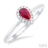 5x3 MM Pear Shape Ruby and 1/20 Ctw Single Cut Diamond Halo Precious Ring in 10K White Gold