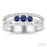 3.2 MM, 2.7 MM Round Cut Sapphire & 1/4 Ctw Single Cut Diamond Past, Present and Future Precious Layered Fashion Ring in 10K White Gold