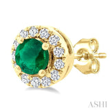 3.25 MM Round Emerald and 1/10 Ctw Single Cut Diamond Halo Precious Stud Earrings in 14K Yellow Gold