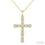 1/3 Ctw Geometric Cross Fusion Baguette and Round Cut Diamond Fashion Pendant With Chain in 14K Yellow Gold