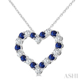 2.3 MM Round Cut Sapphire and 1/2 Ctw Open Heart Round Cut Diamond Precious Fashion Pendant With Chain in 14K White Gold
