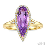 16X6 MM Evoque Gemstones Pear Shape Amethyst and 1/6 Ctw Round Cut Diamond Semi-Precious Ring in 10K Yellow Gold