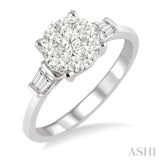 3/4 Ctw Round and Baguette Diamond Lovebright Engagement Ring in 14K White Gold