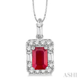 6x4 MM Octagon Cut Ruby and 1/3 Ctw Round Cut Diamond Precious Pendant in 14K White Gold with Chain