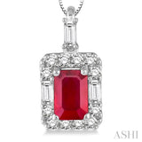 6x4 MM Octagon Cut Ruby and 1/3 Ctw Round Cut Diamond Precious Pendant in 14K White Gold with Chain