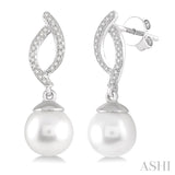 7x7 MM Round Cut Cultured Pearls and 1/6 Ctw Round Cut Diamond Earrings in 14K White Gold