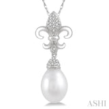 9X7 MM Drop Shape Cultured Pearl and 1/10 Ctw Round Cut Diamond Fleur De Lis Pendant With Chain in 10K White Gold