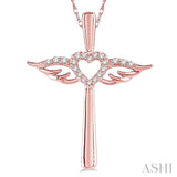 1/10 Ctw Angel Wing & Heart Round Cut Diamond Cross Pendant With Chain in 10K Rose Gold