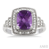 9x7 MM Cushion Shape Amethyst and 1/10 ctw Single Cut Diamond Ring in Sterling Silver