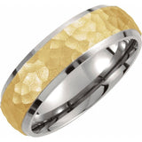 18K Yellow Gold-Plated & Titanium 7 mm Beveled-Edge Band with Hammered Finish Size 11