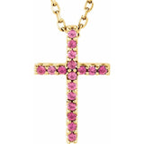 14K Yellow Natural Pink Tourmaline Petite Cross 16" Necklace