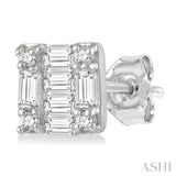 1/6 Ctw Square Shape Baguette and Round Cut Diamond Petite Fashion Earrings in 10K White Gold.