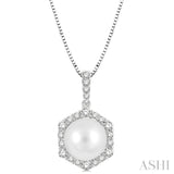 8 MM Cultured Pearl and 1/3 ctw Hexagon Shape Round Cut Diamond Pendant With Chain in 14K White Gold