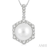 8 MM Cultured Pearl and 1/3 ctw Hexagon Shape Round Cut Diamond Pendant With Chain in 14K White Gold