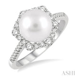 8 MM Cultured Pearl and 1/3 ctw Hexagon Shape Round Cut Diamond Ring in 14K White Gold