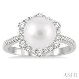 8 MM Cultured Pearl and 1/3 ctw Hexagon Shape Round Cut Diamond Ring in 14K White Gold