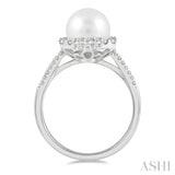 8 MM Cultured Pearl and 1/3 ctw Hexagon Shape Round Cut Diamond Ring in 14K White Gold