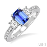 7x5 MM Octagon Cut Tanzanite and 1/2 Ctw Round Cut Diamond Precious Ring in 14K White Gold