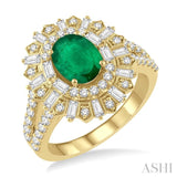 8x6 MM Oval Shape Emerald and 1.00 ctw Lattice Baguette and Round Cut Diamond Precious Ring in 14K Yellow Gold