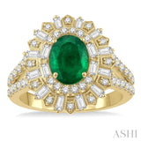 8x6 MM Oval Shape Emerald and 1.00 ctw Lattice Baguette and Round Cut Diamond Precious Ring in 14K Yellow Gold