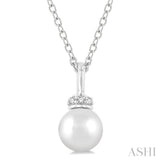 6 MM Round Shape Cultured Pearl and 1/20 Ctw Petite Round Cut Diamond Crown Fashion Pendant With Chain in 10K White Gold