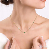 2.25 MM Emerald and 1/4 Ctw Round Cut Diamond Precious Station Necklace in 14K Yellow Gold