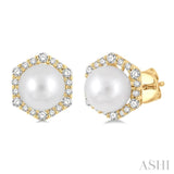 7 MM Cultured Pearls and 1/3 ctw Hexagon Shape Round Cut Diamond Earrings in 14K Yellow Gold