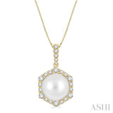 8 MM Cultured Pearl and 1/3 ctw Hexagon Shape Round Cut Diamond Pendant With Chain in 14K Yellow Gold