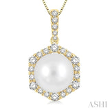 8 MM Cultured Pearl and 1/3 ctw Hexagon Shape Round Cut Diamond Pendant With Chain in 14K Yellow Gold