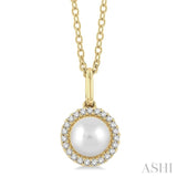 6 MM Round Shape Cultured Pearl and 1/20 Ctw Petite Round Cut Diamond Halo Fashion Pendant With Chain in 10K Yellow Gold