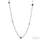 2.85 MM Emerald and 1/2 Ctw Round Cut Diamond Precious Station Necklace in 14K White Gold