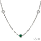 2.85 MM Emerald and 1/2 Ctw Round Cut Diamond Precious Station Necklace in 14K White Gold