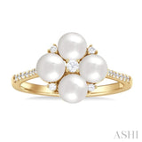 1/6 ctw Floral 5x5 MM Cultured Pearls and Round Cut Diamond Fashion Ring in 10K Yellow Gold