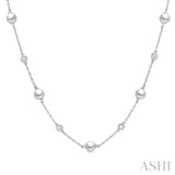 5 MM Round Shape Cultured Pearls and 1/4 ctw Round Cut Diamond Station Necklace in 14K White Gold