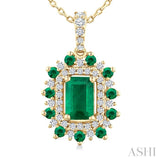 6X4 MM Emerald Cut & 1.55 MM Round Cut Emerald and 1/5 Ctw Round Cut Diamond Floral Precious Pendant With Chain in 14K Yellow Gold