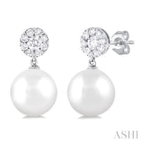 1/4 ctw Disc Top Lovebright 7X7MM Cultured White Pearl and Round Cut Diamond Fashion Earrings in 10K White Gold