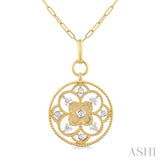 1/4 ctw Circle Floral Carving Round Cut Diamond Fashion Pendant With Paper Clip Chain in 14K Yellow Gold